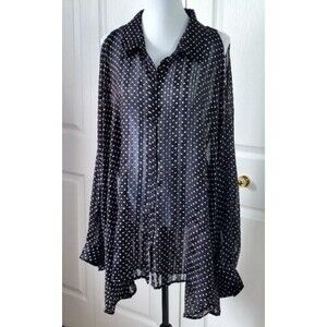 Lane Bryant Sheer Blouse 26/28 Button Up Cold Shoulder Polka Dot Long Sleeve Top